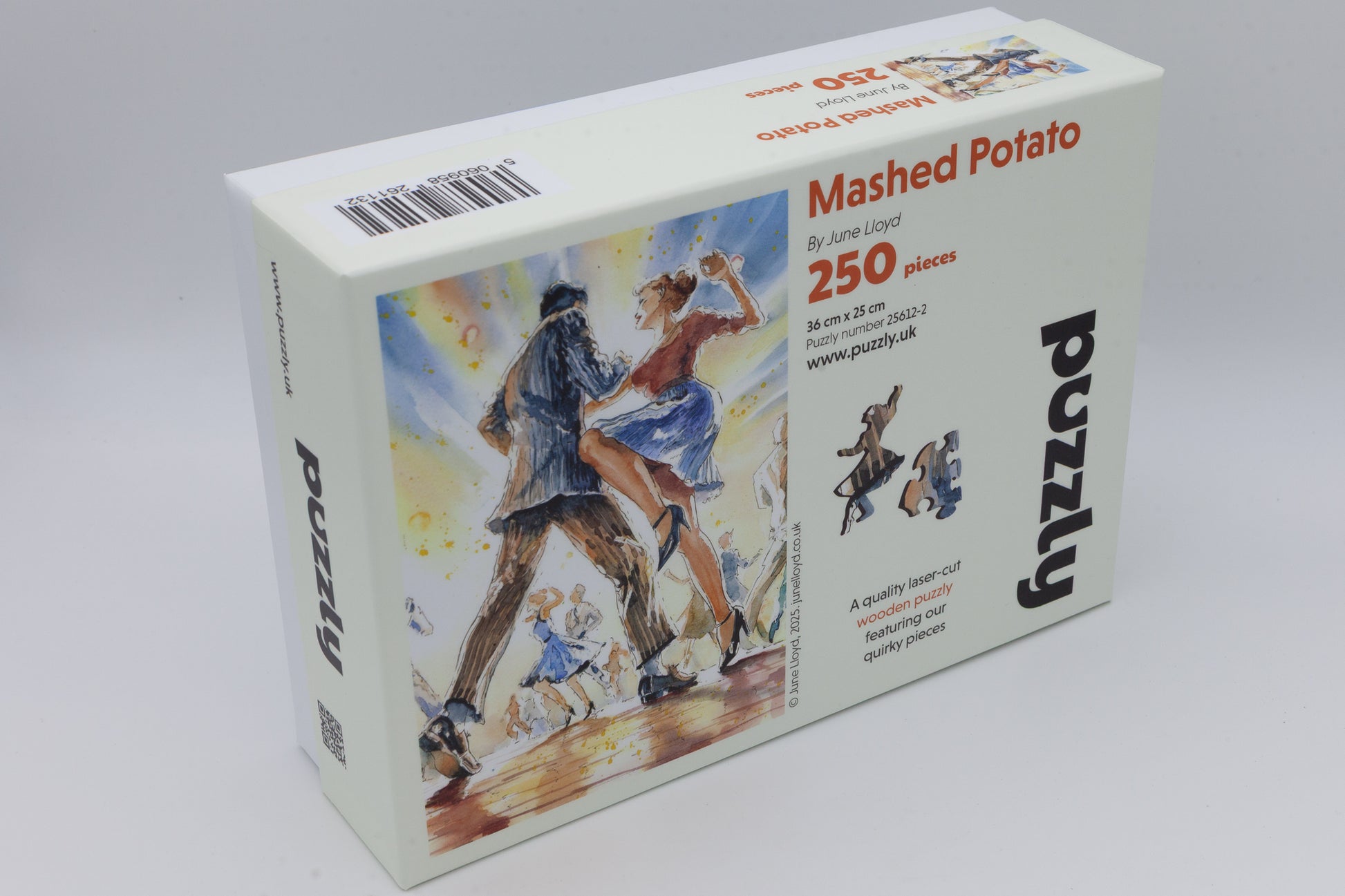 Mashed Potato wooden jigsaw puzzle by June Lloyd.  Full of jive dancing, music making and other fun character pieces.  Made in Britain by The Puzzly Company