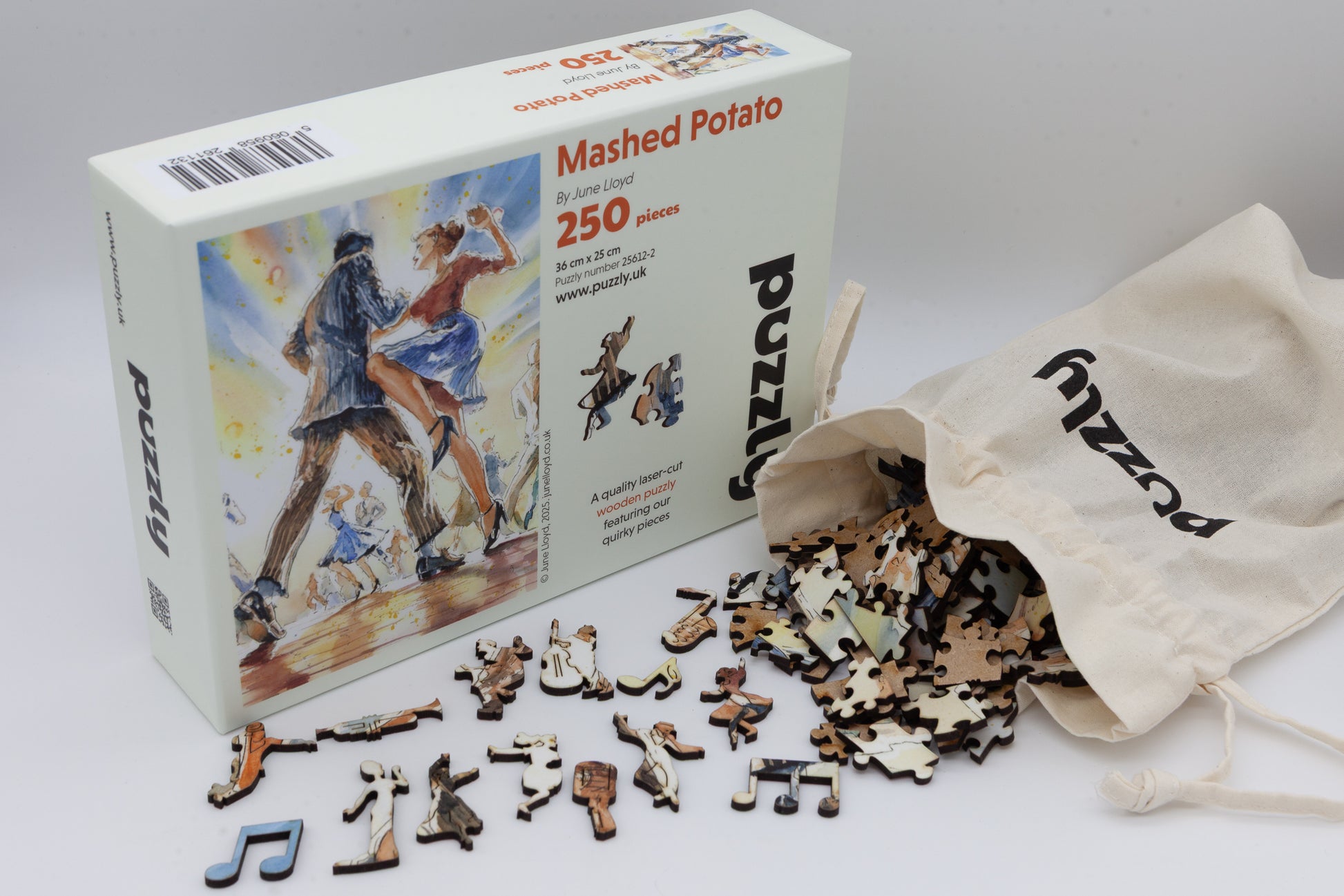 Mashed Potato wooden jigsaw puzzle by June Lloyd.  Full of jive dancing, music making and other fun character pieces.  Made in Britain by The Puzzly Company