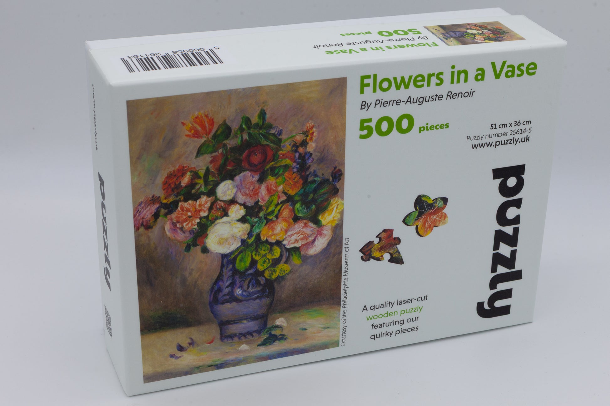 Flowers in a Vase Wooden Jigsaw Puzzle painted by Pierre-Auguste Renoir.  It is a wonderful  fine art puzzle that comes with traditional and whimsical jigsaw pieces. Made in Britain.