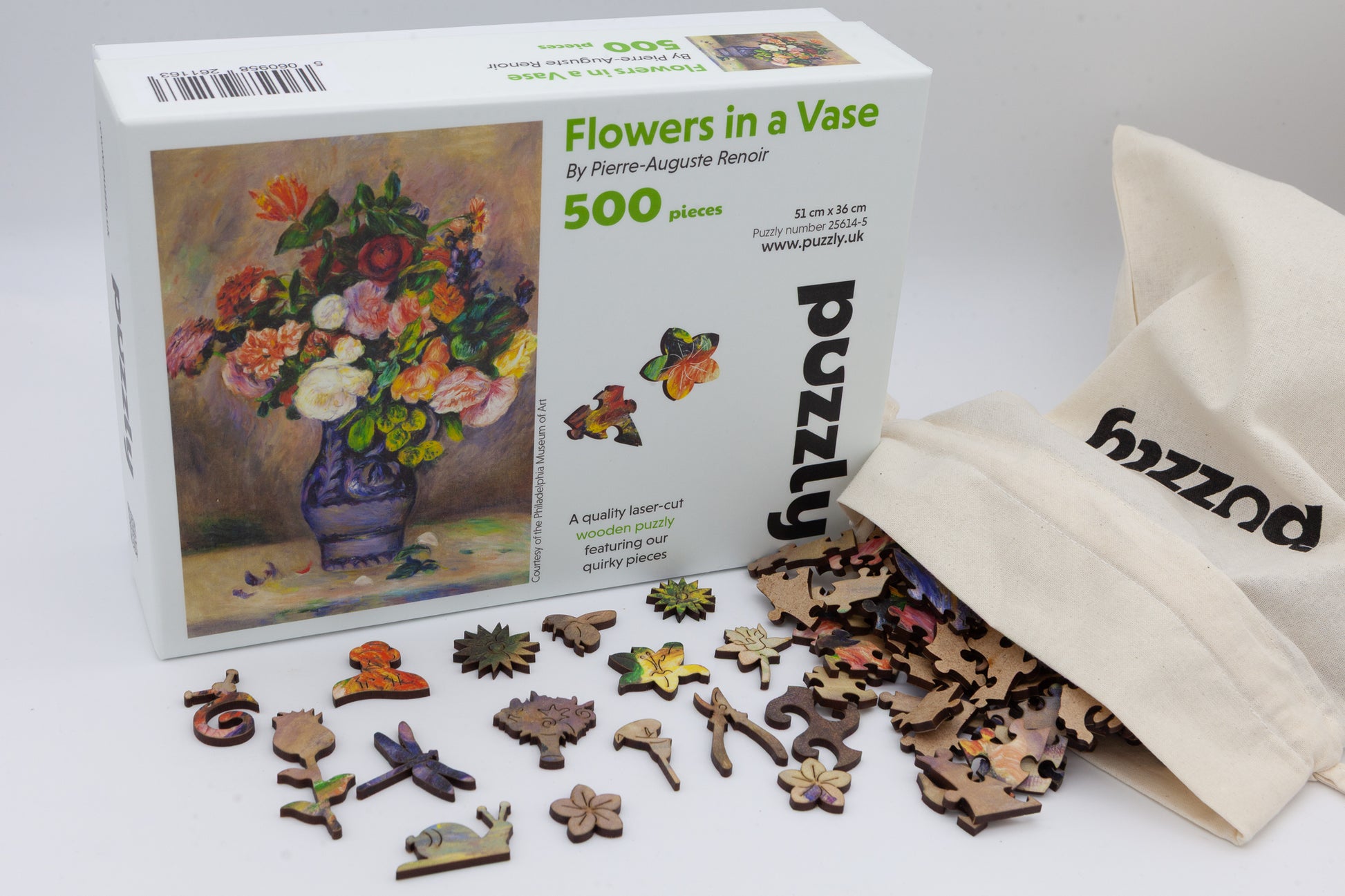Flowers in a Vase Wooden Jigsaw Puzzle painted by Pierre-Auguste Renoir.  It is a wonderful  fine art puzzle that comes with traditional and whimsical jigsaw pieces. Made in Britain.