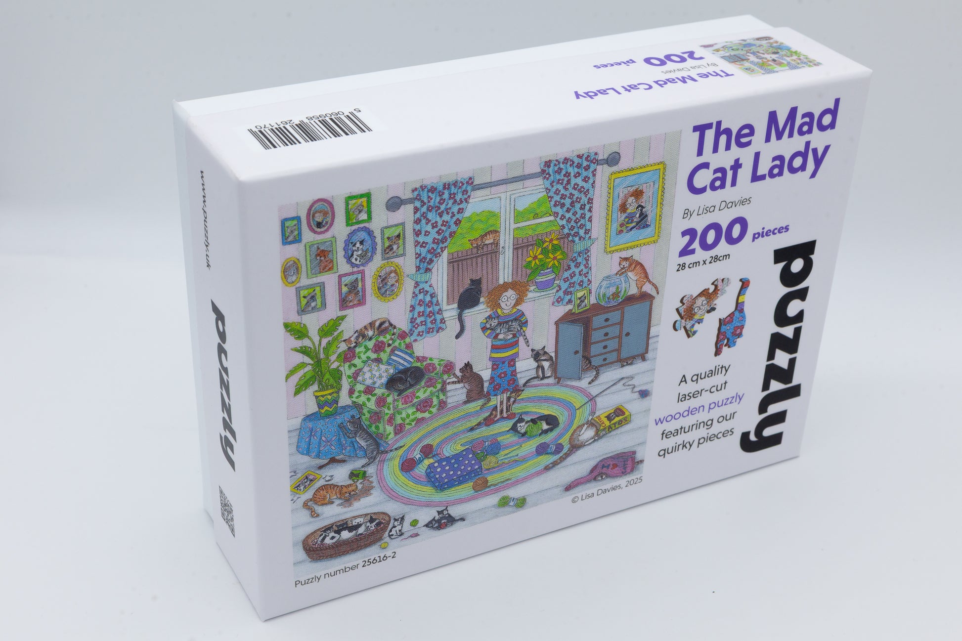 The Mad Cat Lady Wooden Jigsaw Puzzle is a fun painting by Lisa Davies that is full of cats.  The puzzle has 200 pieces including lots of cat themed puzzle pieces.