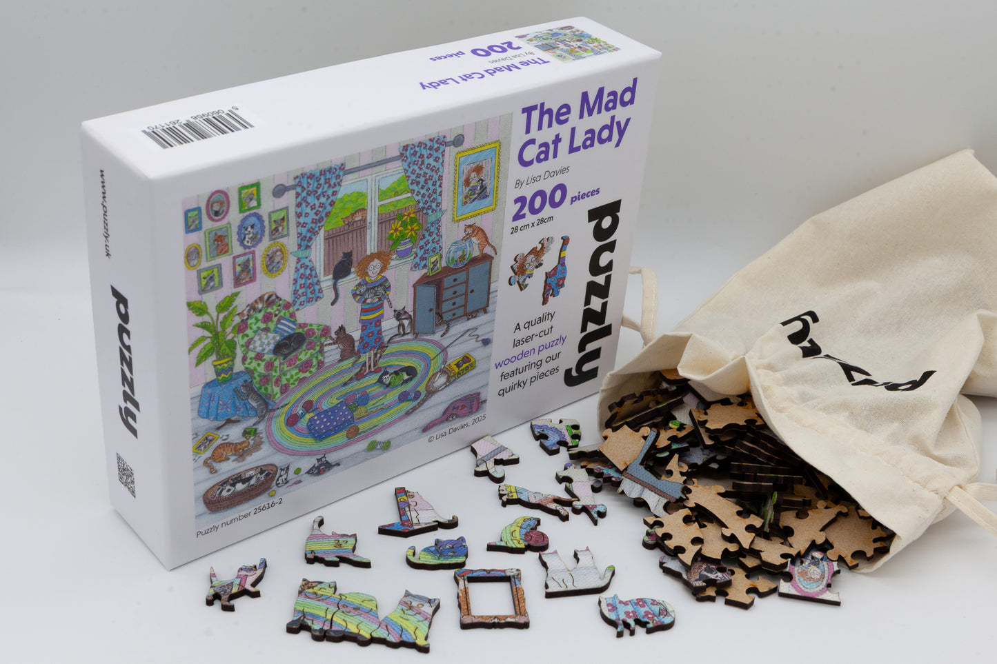 The Mad Cat Lady Wooden Jigsaw Puzzle is a fun painting by Lisa Davies that is full of cats.  The puzzle has 200 pieces including lots of cat themed puzzle pieces.