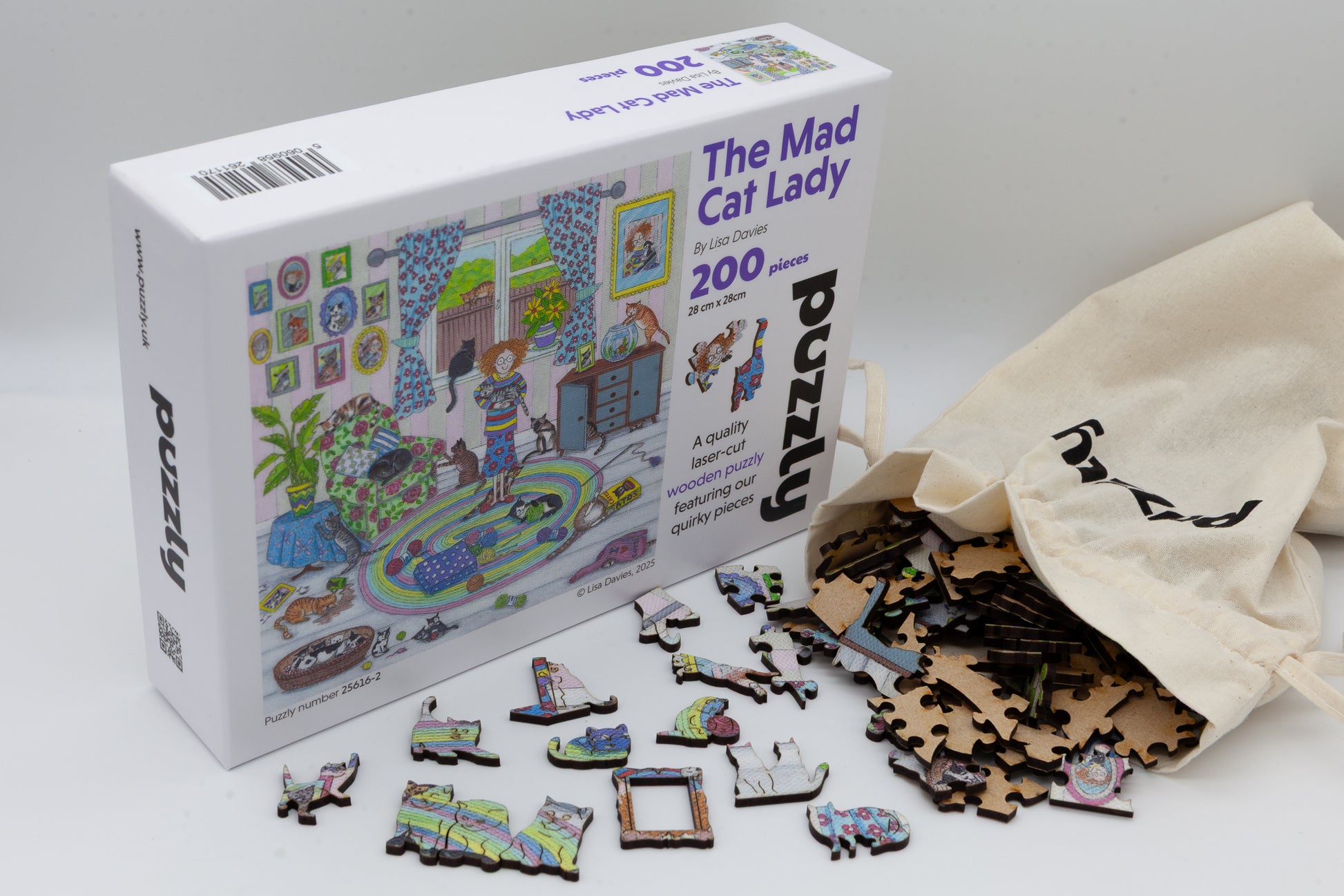 The Mad Cat Lady Wooden Jigsaw Puzzle is a fun painting by Lisa Davies that is full of cats.  The puzzle has 200 pieces including lots of cat themed puzzle pieces.