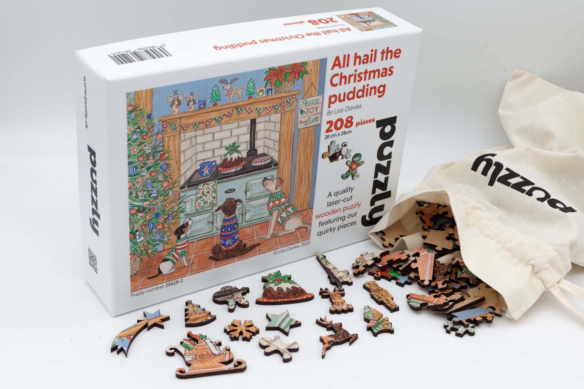 A Christmas wooden jigsaw featuring Lisa Davies 'All Hail the Christmas Puddling'.  A quality wooden jigsaw puzzle by the Puzzly Company.