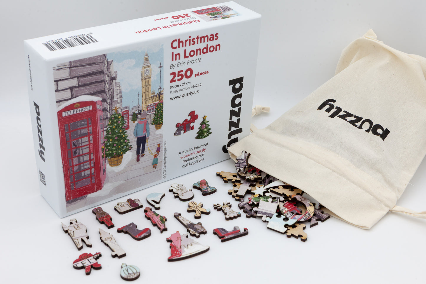 Christmas in London Wooden Jigsaw Puzzle.  250 pieces with irregular and Christmas themed pieces.  Artwork by Erin Frantz.  Made in Britain by The Puzzly Company.