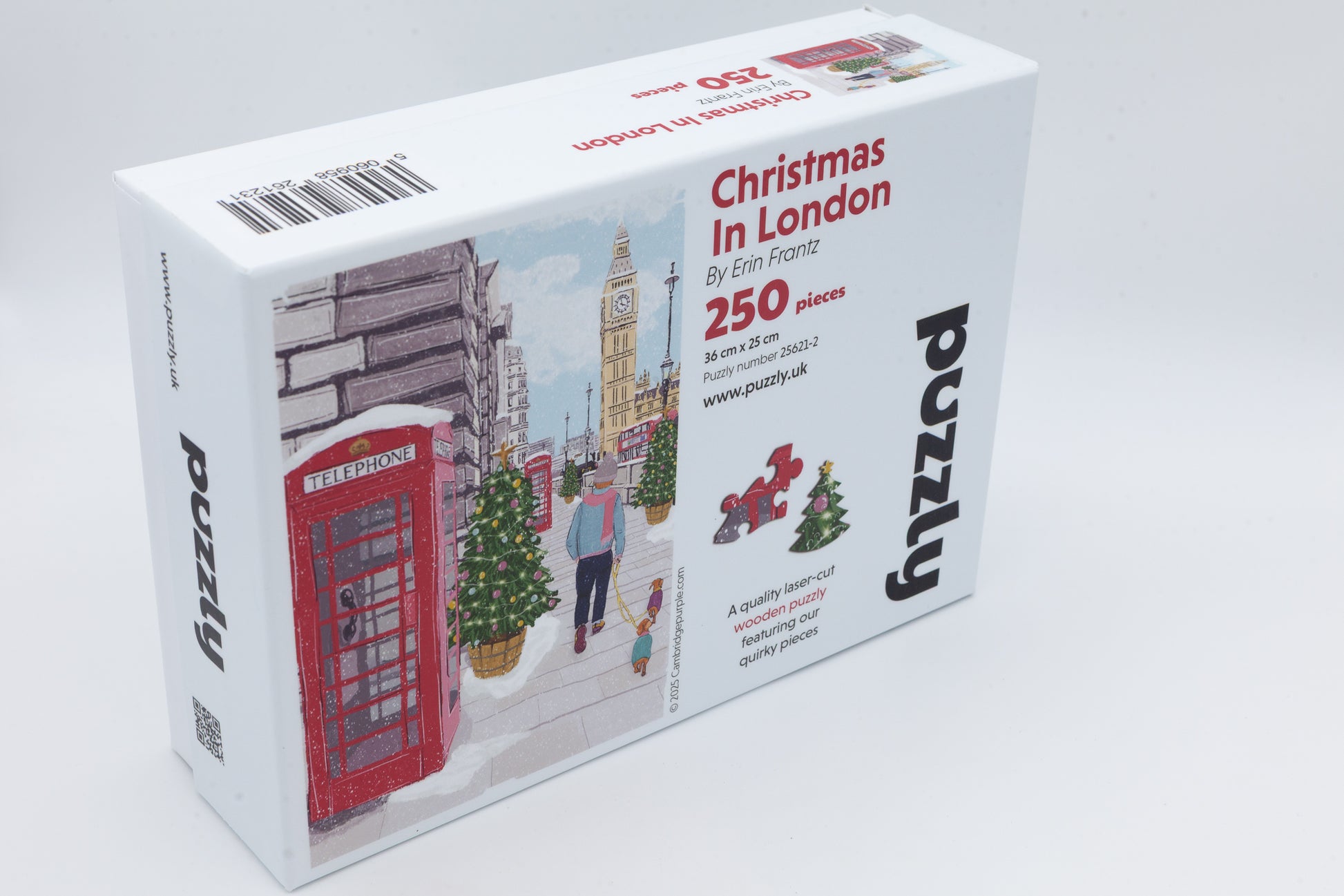 Christmas in London Wooden Jigsaw Puzzle.  250 pieces with irregular and Christmas themed pieces.  Artwork by Erin Frantz.  Made in Britain by The Puzzly Company.