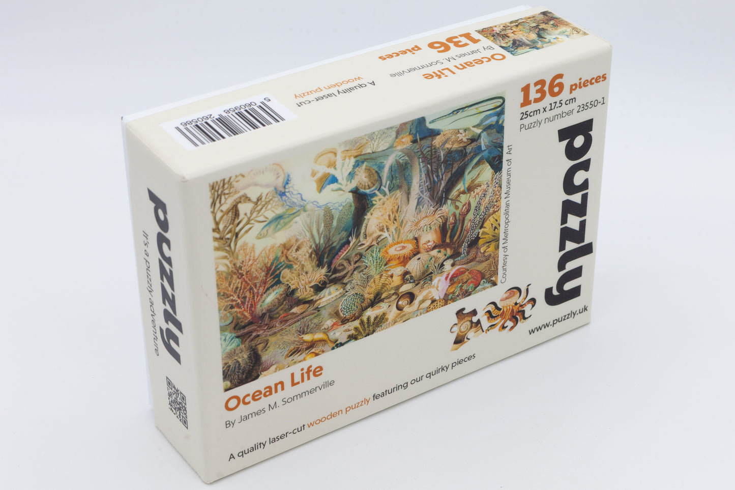 Ocean Life wooden jigsaw puzzle.  136 pieces.  Full of sea creature themed jigsaw pieces.  Crafted in Britain by the Puzzly Company.