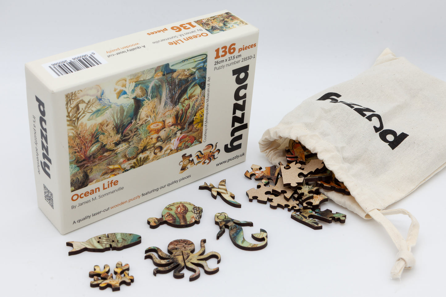 Ocean Life wooden jigsaw puzzle.  136 pieces.  Full of sea creature themed jigsaw pieces.  Crafted in Britain by the Puzzly Company.