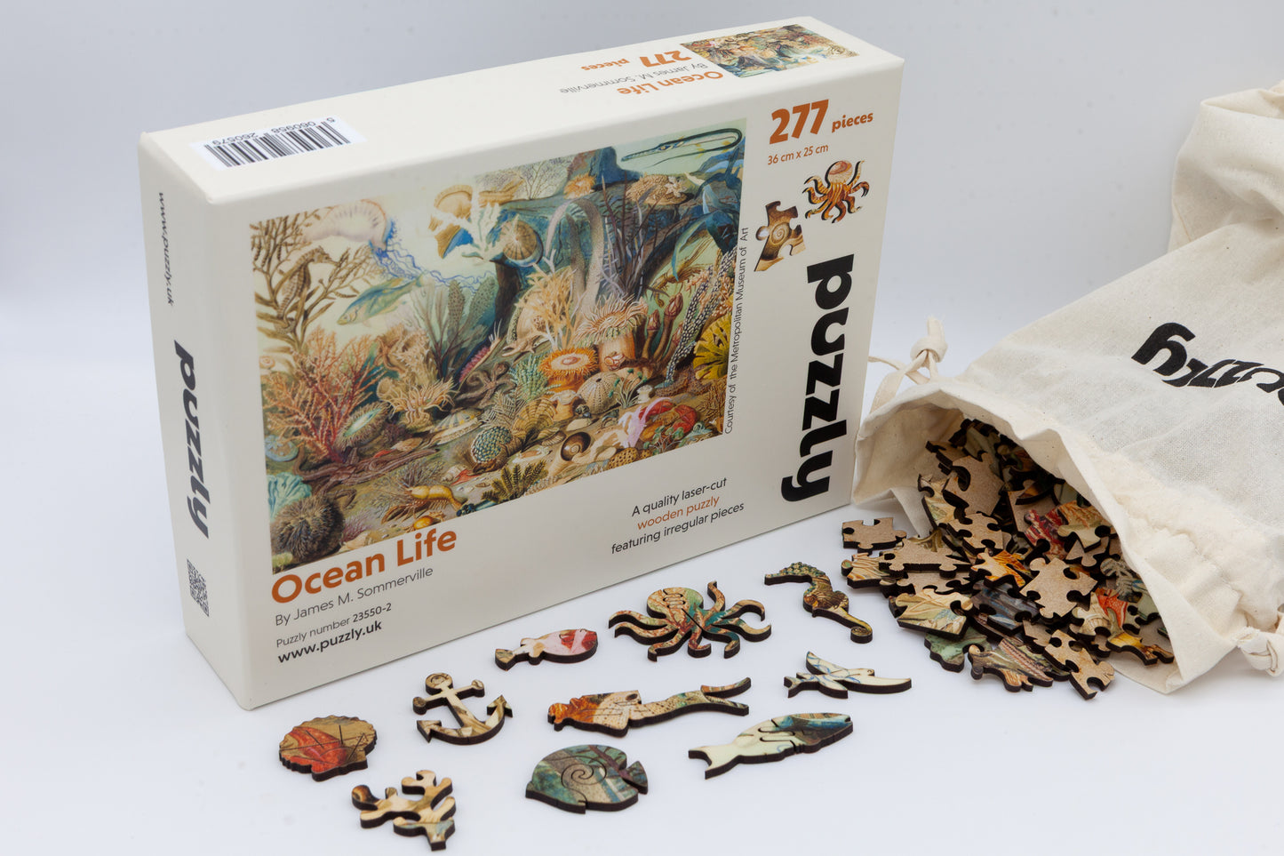 Ocean Life wooden jigsaw puzzle.  277 pieces.  Full of sea creature themed jigsaw pieces.  Crafted in Britain by the Puzzly Company.