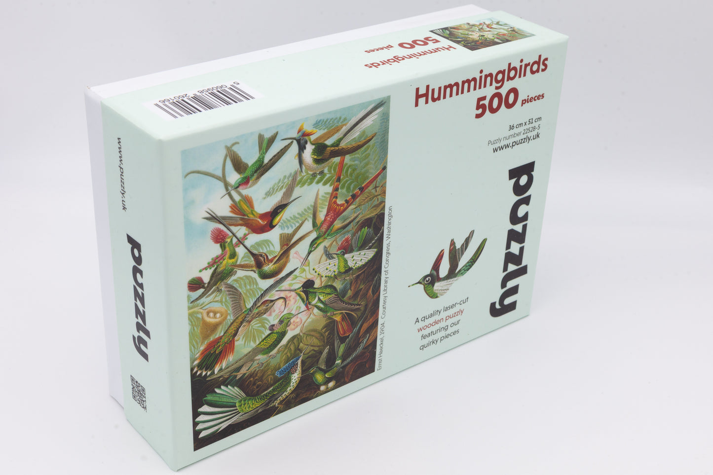 Hummingbirds wooden jigsaw puzzle.  3 sizes to chose from.  Whimsical and irregular shaped pieces.  Made in Britain by The Puzzly Company.