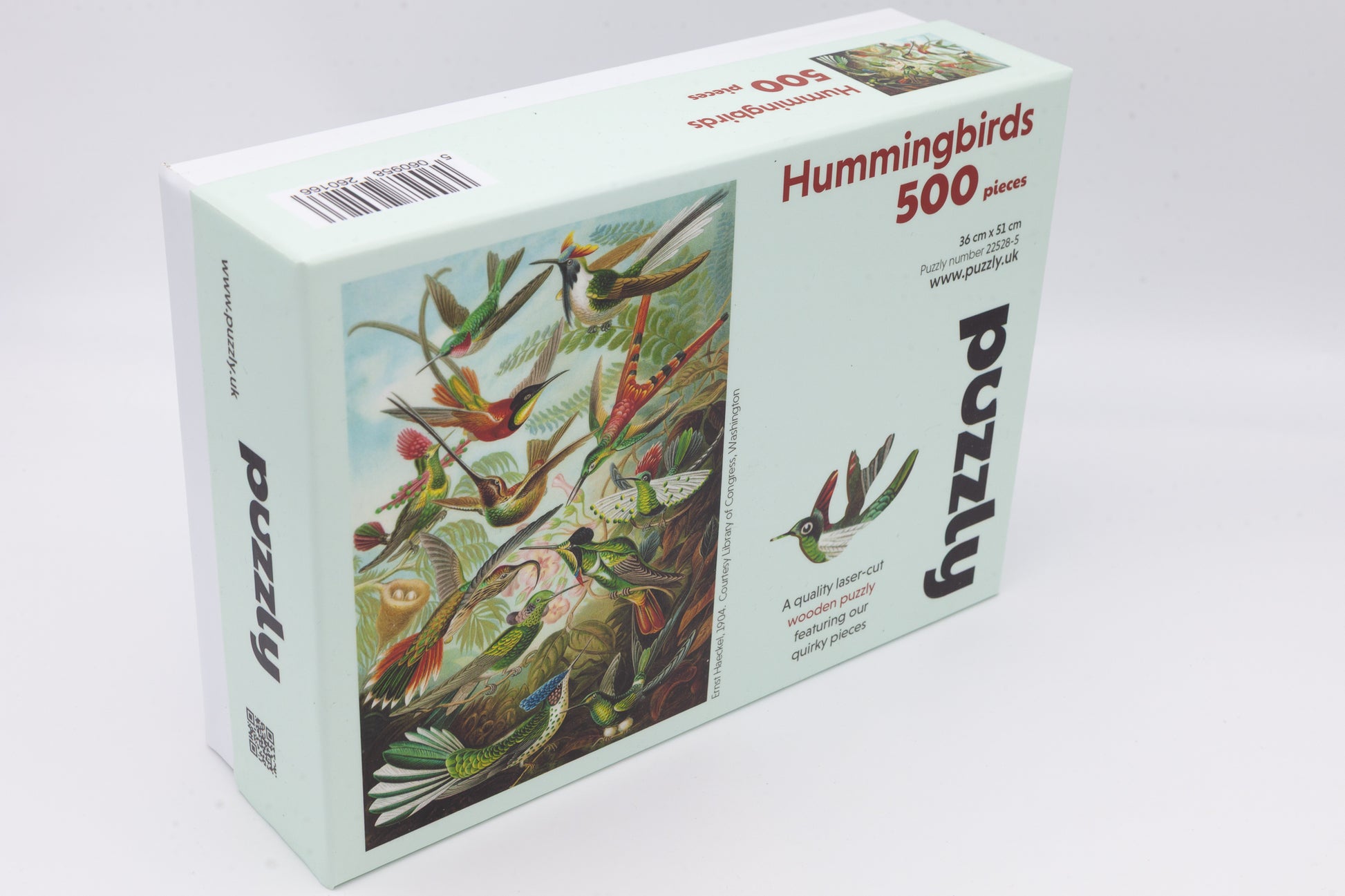 Hummingbirds wooden jigsaw puzzle.  3 sizes to chose from.  Whimsical and irregular shaped pieces.  Made in Britain by The Puzzly Company.