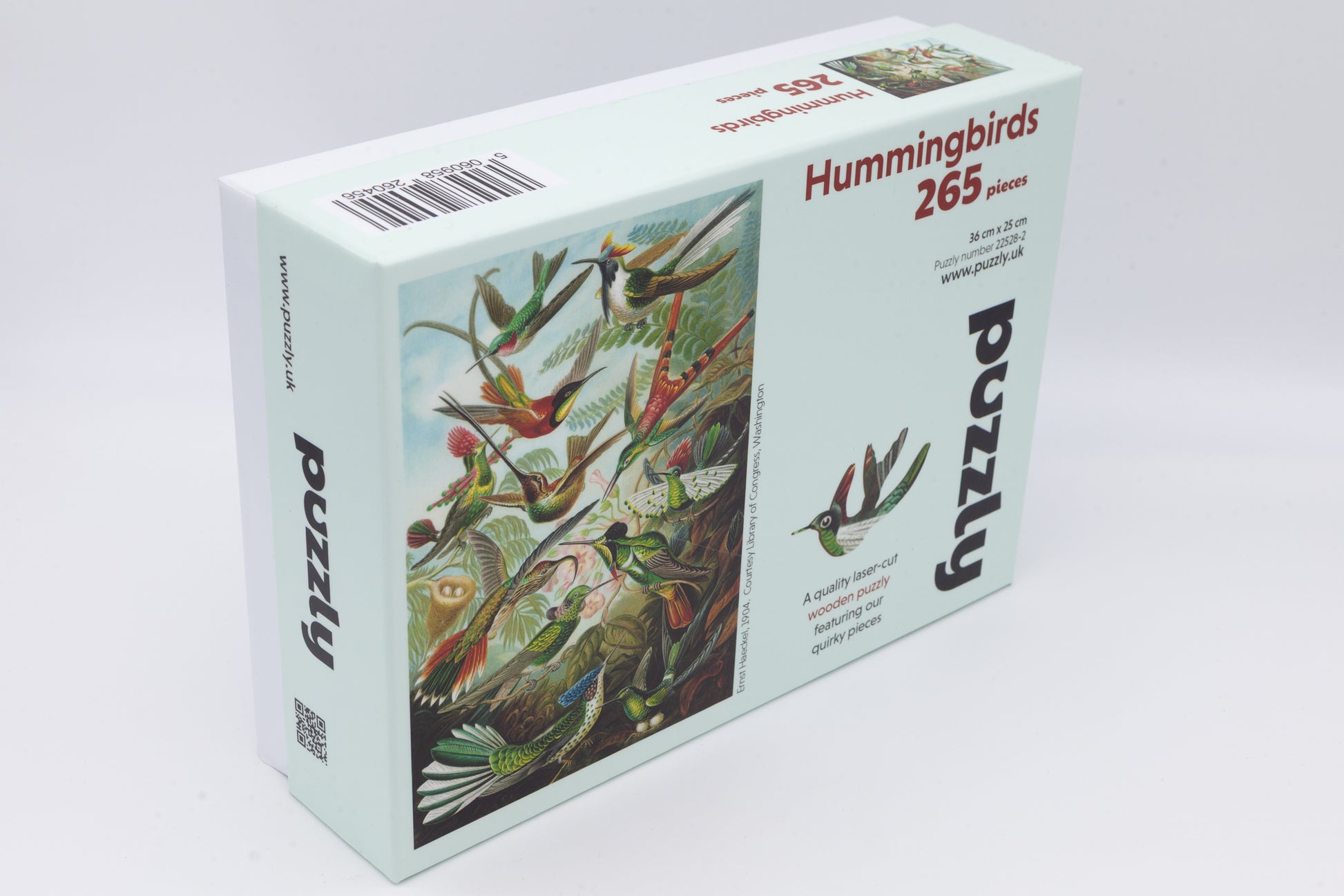 Hummingbirds wooden jigsaw puzzle.  3 sizes to chose from.  Whimsical and irregular shaped pieces.  Made in Britain by The Puzzly Company.