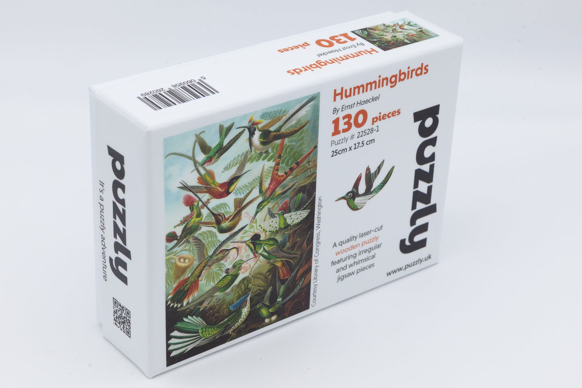 Hummingbirds wooden jigsaw puzzle.  3 sizes to chose from.  Whimsical and irregular shaped pieces.  Made in Britain by The Puzzly Company.
