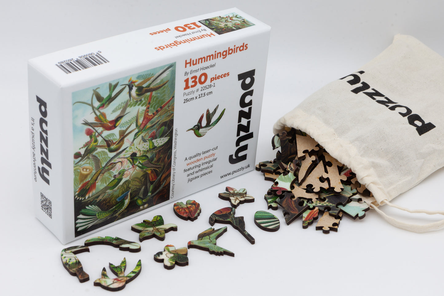 Hummingbirds wooden jigsaw puzzle.  3 sizes to chose from.  Whimsical and irregular shaped pieces.  Made in Britain by The Puzzly Company.