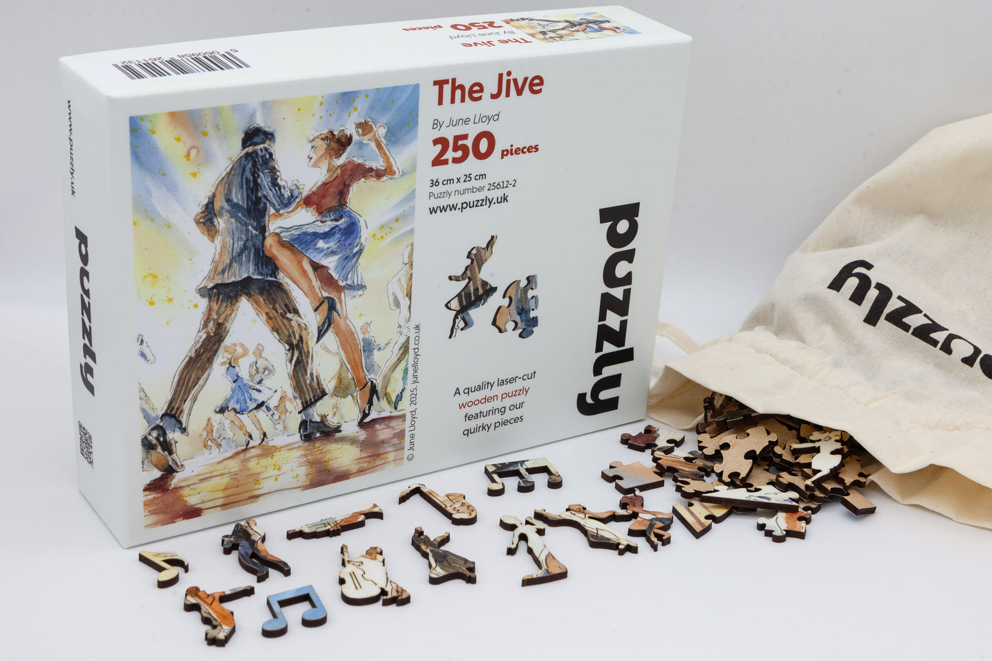 The Jive wooden jigsaw puzzle by June Lloyd.  Full of jive dancing, music making and other fun character pieces.  Made in Britain by The Puzzly Company