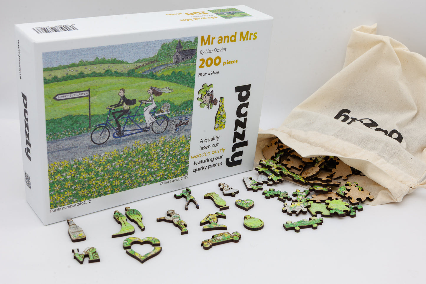 Mr and Mrs Wooden Jigsaw puzzle.  A great gift for the bride and groom.  A puzzle full of wedding themed jigsaw pieces.  Made in Britain by The Puzzly Company.