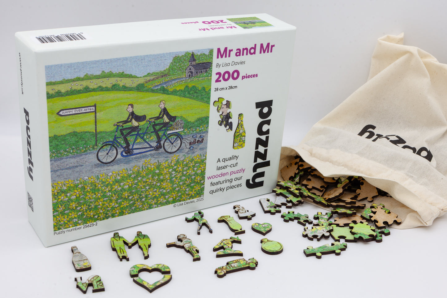 Mr and Mr Wooden Jigsaw puzzle.  A great gift for the groom and groom.  A puzzle full of gay wedding themed jigsaw pieces.  Made in Britain by The Puzzly Company.