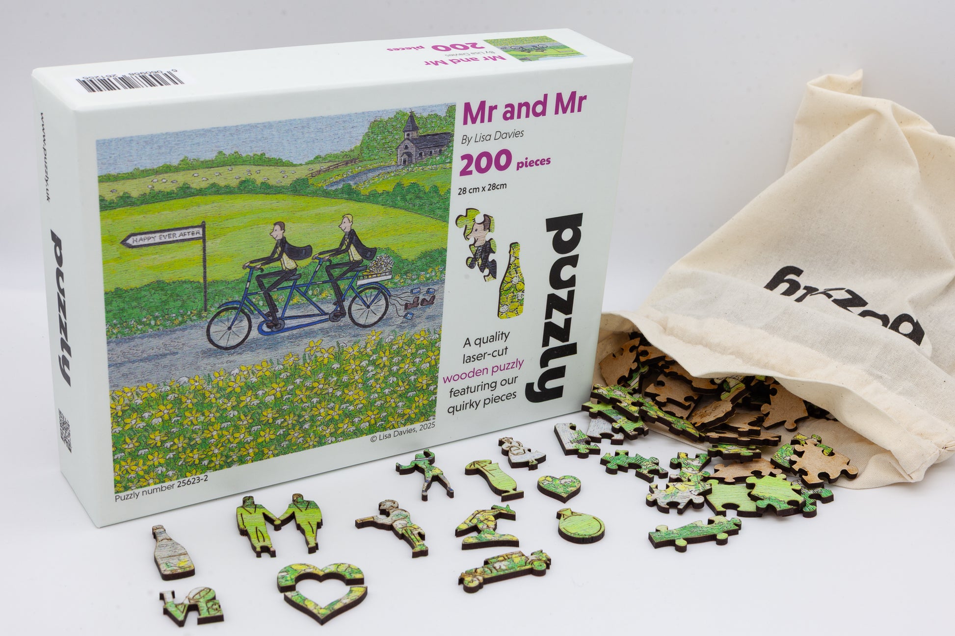 Mr and Mr Wooden Jigsaw puzzle.  A great gift for the groom and groom.  A puzzle full of gay wedding themed jigsaw pieces.  Made in Britain by The Puzzly Company.