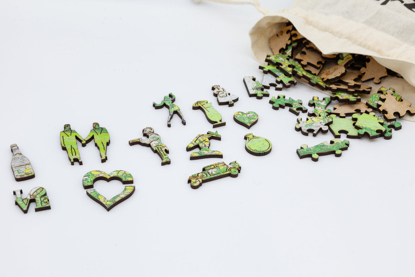 Mr and Mr Wooden Jigsaw puzzle.  A great gift for the groom and groom.  A puzzle full of gay wedding themed jigsaw pieces.  Made in Britain by The Puzzly Company.