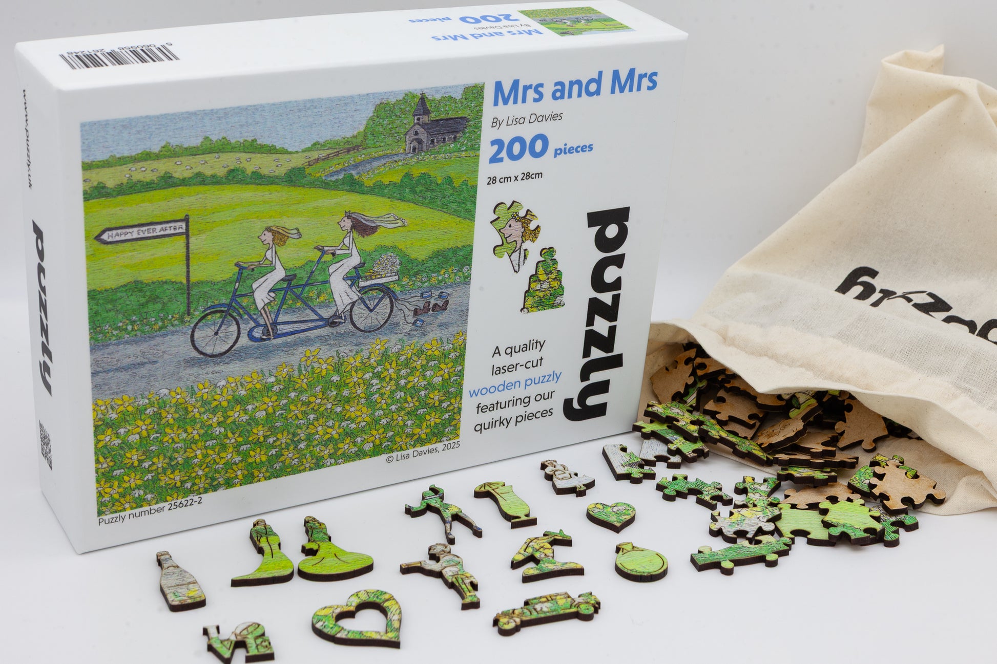Mrs and Mrs Wooden Jigsaw puzzle.  A great gift for the bride and bride.  A puzzle full of gay wedding themed jigsaw pieces.  Made in Britain by The Puzzly Company.