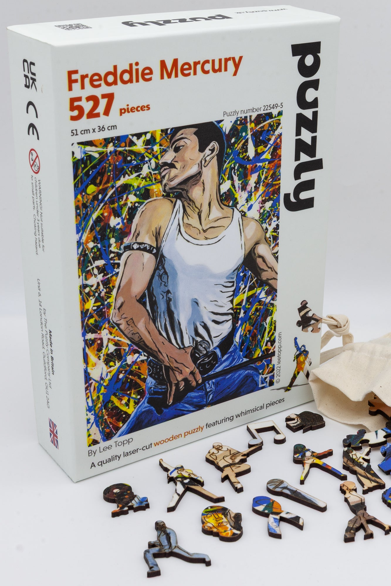 Freddie Mercury Wooden Jigsaw Puzzle.  Contains wonderful Freddie and Queen related character pieces.  Made in Britain by The Puzzly Company