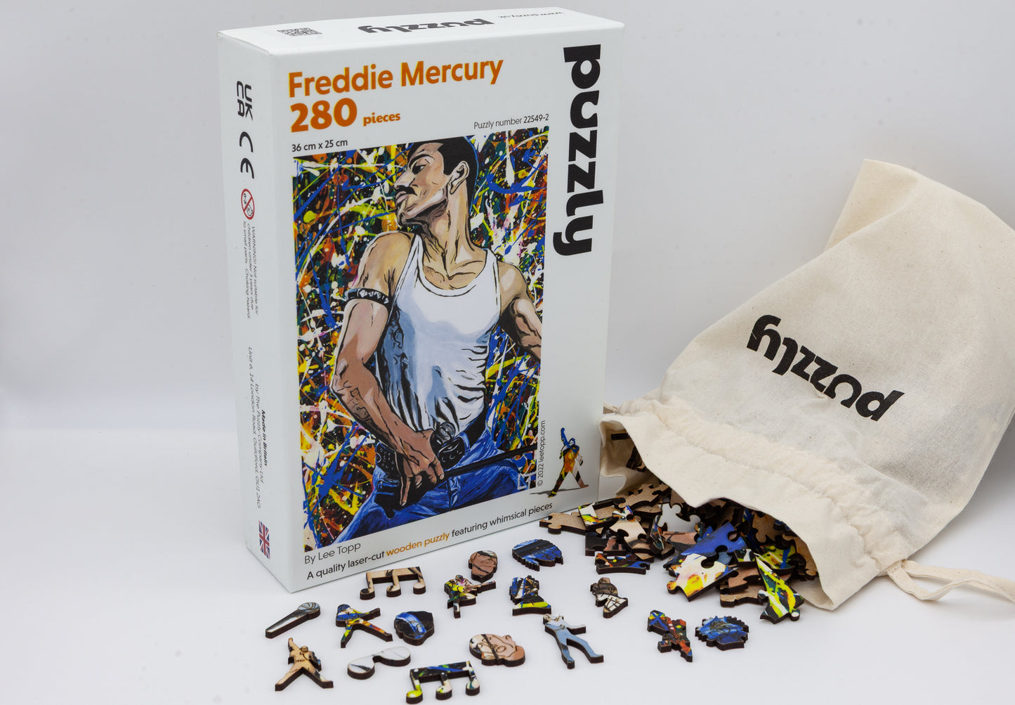 Freddie Mercury Wooden Jigsaw Puzzle.  Contains wonderful Freddie and Queen related character pieces.  Made in Britain by The Puzzly Company