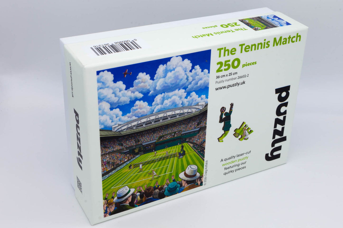 The Tennis Match wooden jigsaw puzzle.  A great tennis themed puzzle containing both irregular and whimsical pieces.  Available in 2 sizes: 250 or 130 pieces.  Designed and cut by the Puzzly Company.