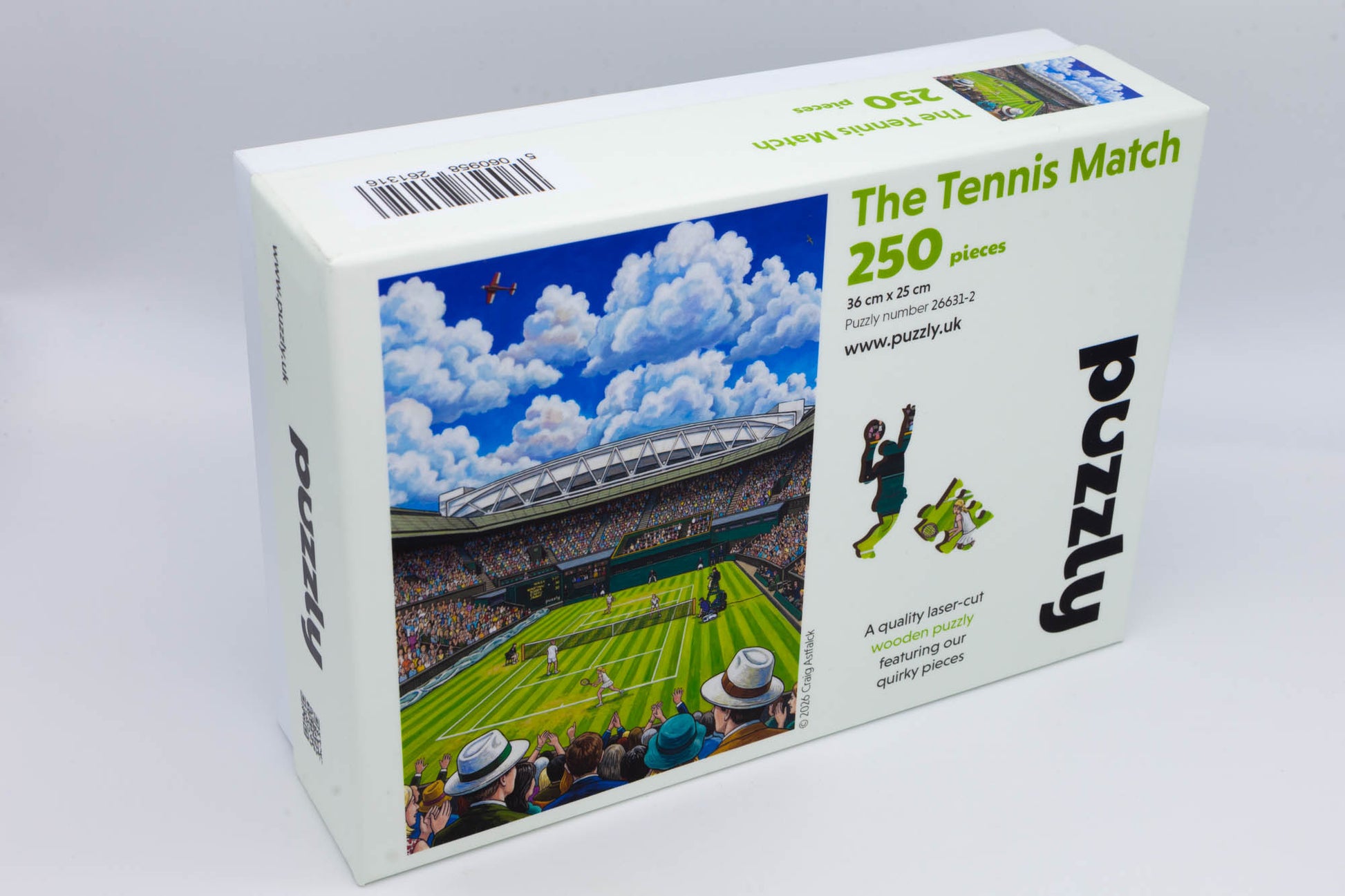 The Tennis Match wooden jigsaw puzzle.  A great tennis themed puzzle containing both irregular and whimsical pieces.  Available in 2 sizes: 250 or 130 pieces.  Designed and cut by the Puzzly Company.