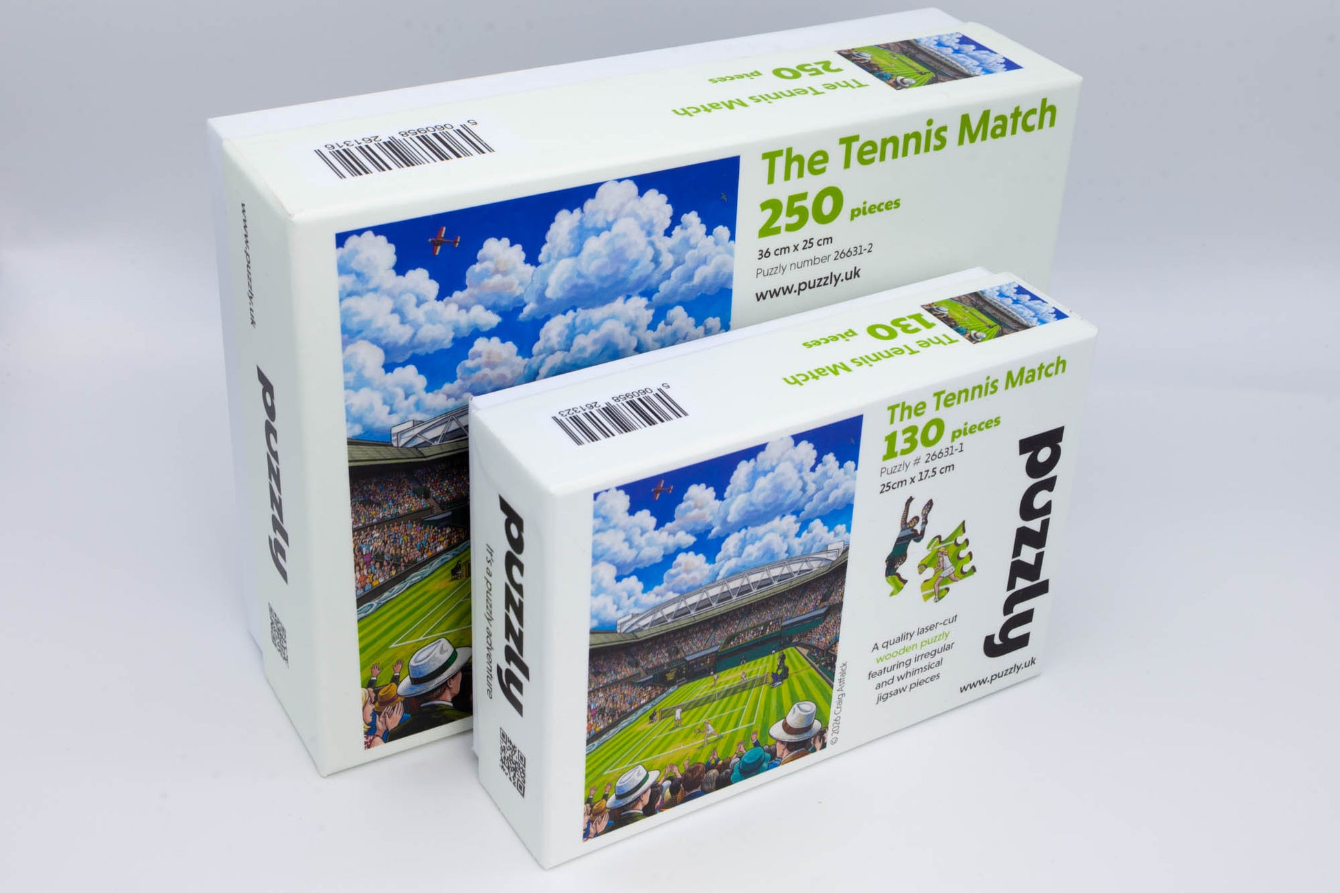 The Tennis Match wooden jigsaw puzzle.  A great tennis themed puzzle containing both irregular and whimsical pieces.  Available in 2 sizes: 250 or 130 pieces.  Designed and cut by the Puzzly Company.