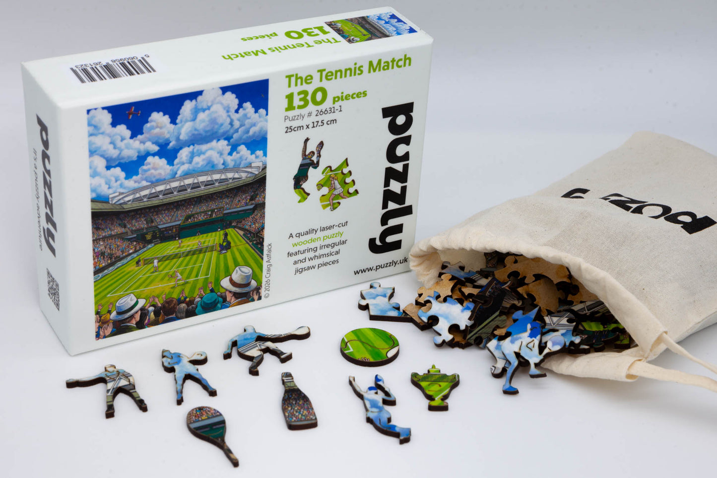 The Tennis Match wooden jigsaw puzzle.  A great tennis themed puzzle containing both irregular and whimsical pieces.  Available in 2 sizes: 250 or 130 pieces.  Designed and cut by the Puzzly Company.