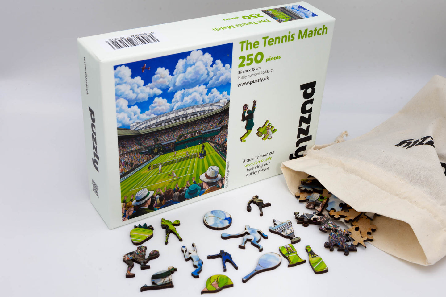 The Tennis Match wooden jigsaw puzzle.  A great tennis themed puzzle containing both irregular and whimsical pieces.  Available in 2 sizes: 250 or 130 pieces.  Designed and cut by the Puzzly Company.
