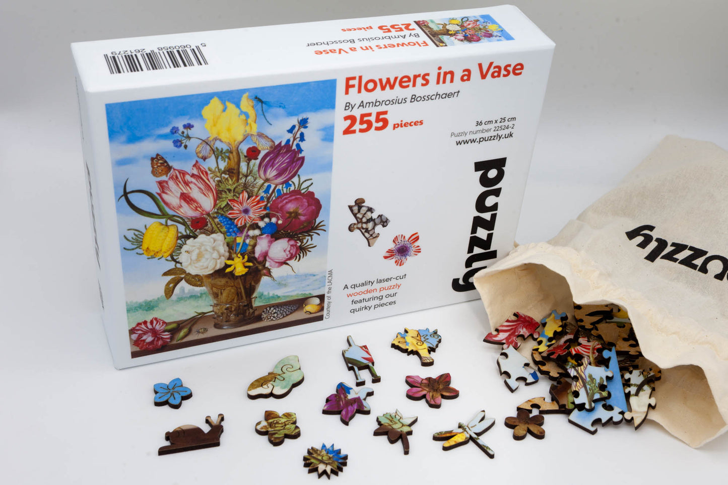 Flowers in a vase wooden jigsaw puzzle.  Artwork by Ambrosius Bosschaert.  3 jigsaw sizes available.  Puzzly design and cut by the Puzzly company.  Made in Britain.  