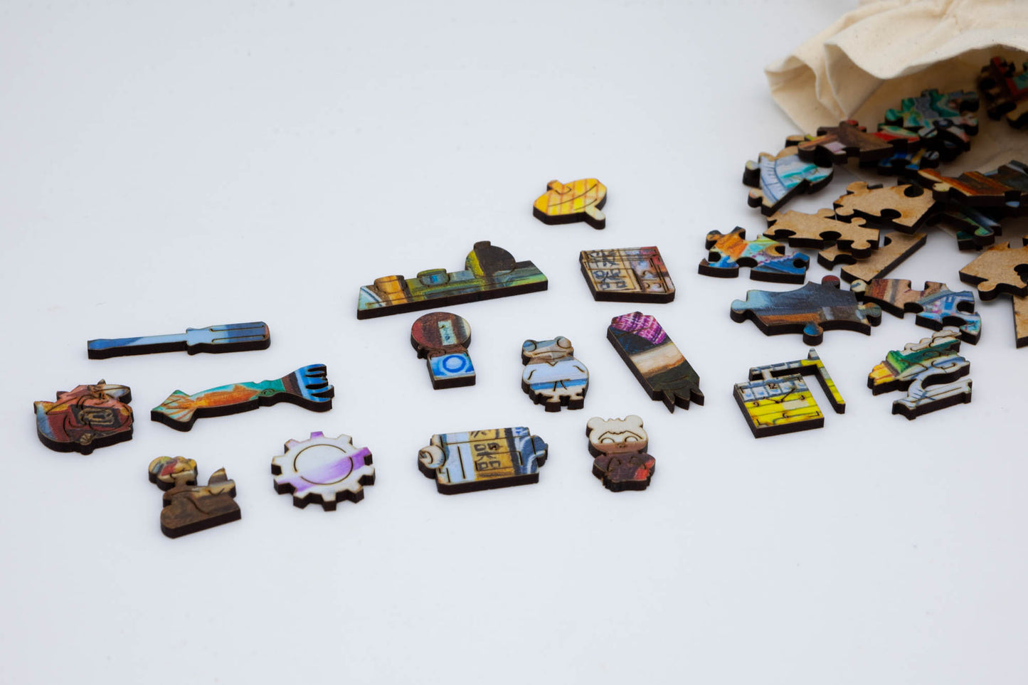 The Repair Shop wooden Jigsaw Puzzle.  Artwork by Derrick Ireland.  A mythical Japanese scene of a repair shop run by a chameleon.  Contains irregular and whimsical jigsaw pieces.  Made in Britian. 