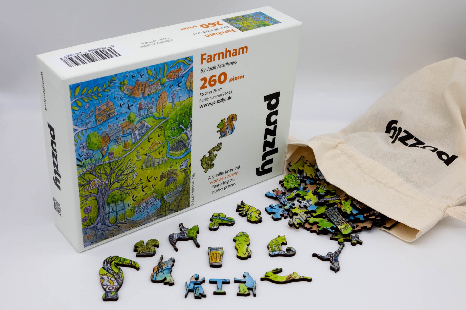 Farnham wooden jigsaw puzzle.  Artwork by Judit Matthews.  260 pieces containing both irregular and whimsical pieces.  Made in Britain by The Puzzly Company.