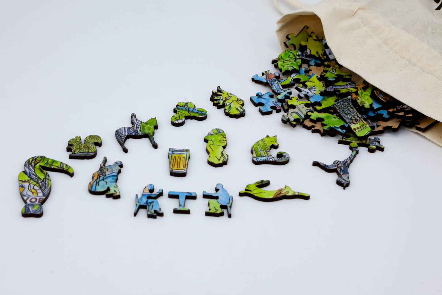 Farnham wooden jigsaw puzzle.  Artwork by Judit Matthews.  260 pieces containing both irregular and whimsical pieces.  Made in Britain by The Puzzly Company.