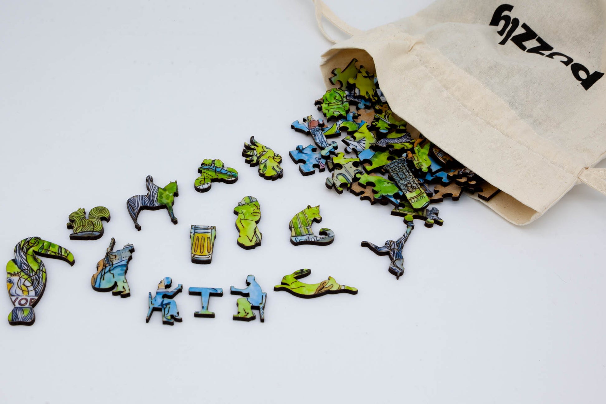 Farnham wooden jigsaw puzzle.  Artwork by Judit Matthews.  260 pieces containing both irregular and whimsical pieces.  Made in Britain by The Puzzly Company.