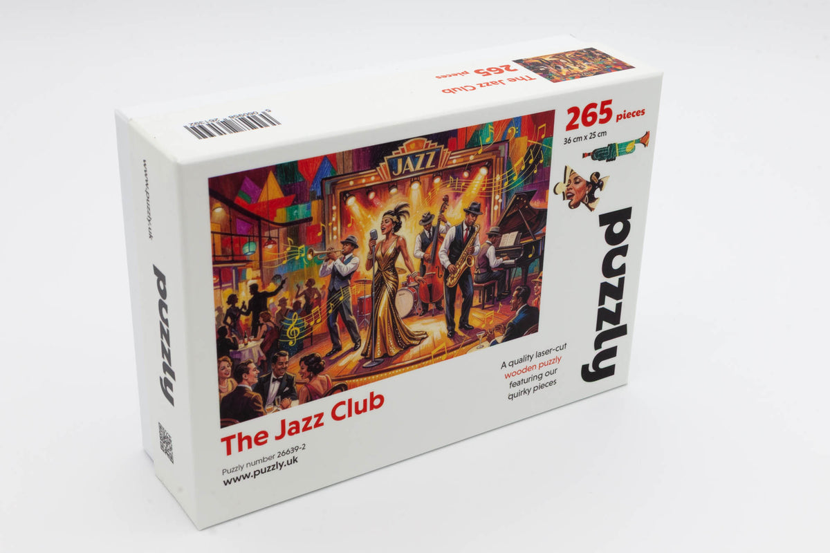 Jazz Club Wooden Jigsaw Puzzle.  A musical adventure with both whimsical and irregular jigsaw pieces.  265 piece count.  Made in Britain by The Puzzly Company.