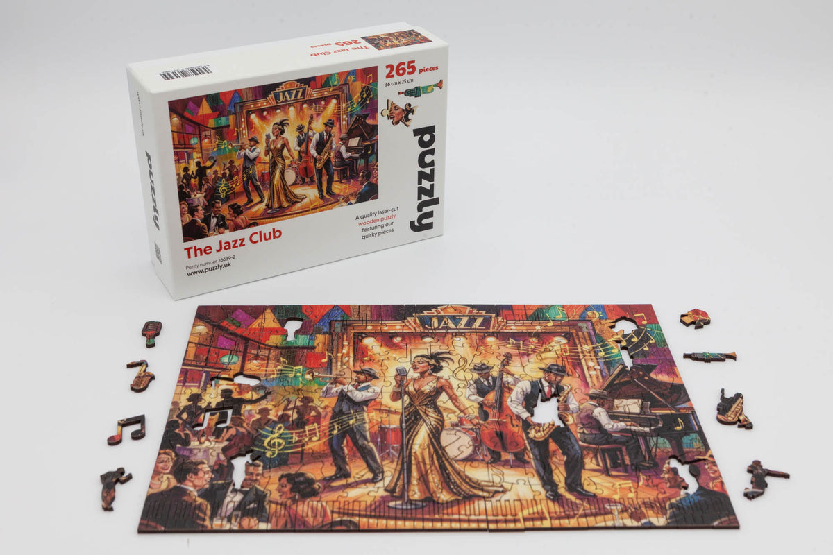 Jazz Club Wooden Jigsaw Puzzle.  A musical adventure with both whimsical and irregular jigsaw pieces.  265 piece count.  Made in Britain by The Puzzly Company.