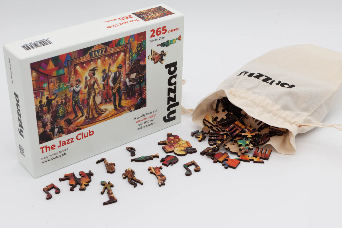 Jazz Club Wooden Jigsaw Puzzle.  A musical adventure with both whimsical and irregular jigsaw pieces.  265 piece count.  Made in Britain by The Puzzly Company.