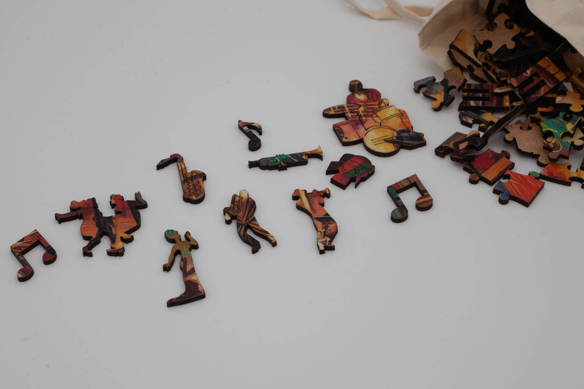 Jazz Club Wooden Jigsaw Puzzle.  A musical adventure with both whimsical and irregular jigsaw pieces.  265 piece count.  Made in Britain by The Puzzly Company.