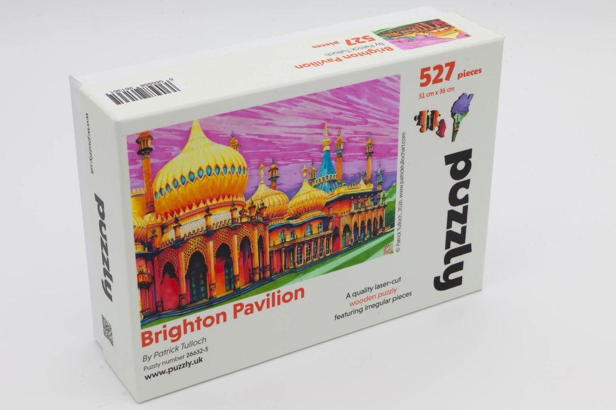 Bright Pavilion wooden jigsaw puzzle. Artwork by Patrick Tulloch.  A fun 527 piece puzzle with Brighton themed whimsical jigsaw pieces.  Made in Britain by The Puzzly company. 