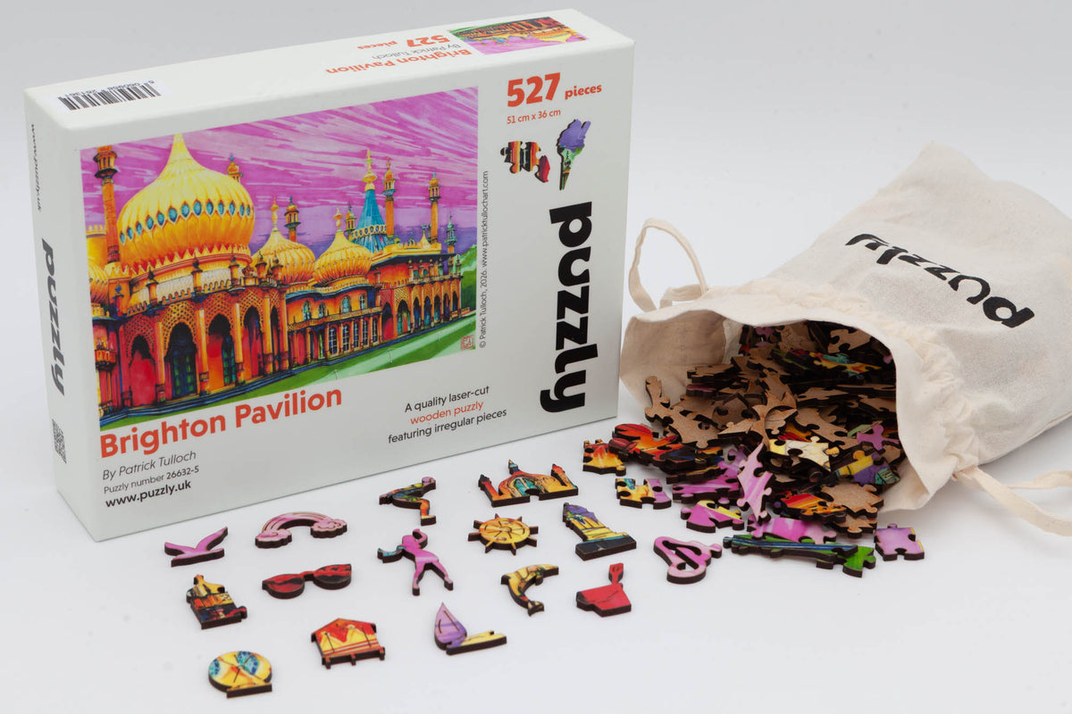 Bright Pavilion wooden jigsaw puzzle. Artwork by Patrick Tulloch.  A fun 527 piece puzzle with Brighton themed whimsical jigsaw pieces.  Made in Britain by The Puzzly company. 