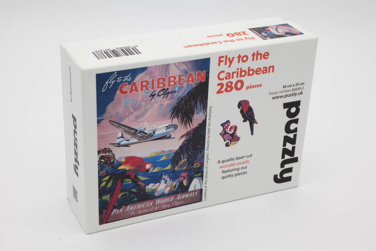 Fly to the Caribbean wooden jigsaw puzzle.  A fun puzzle of a vintage travel poster.  280 pieces including irregular and whimsical pieces.  Made in Britain by The Puzzly Company