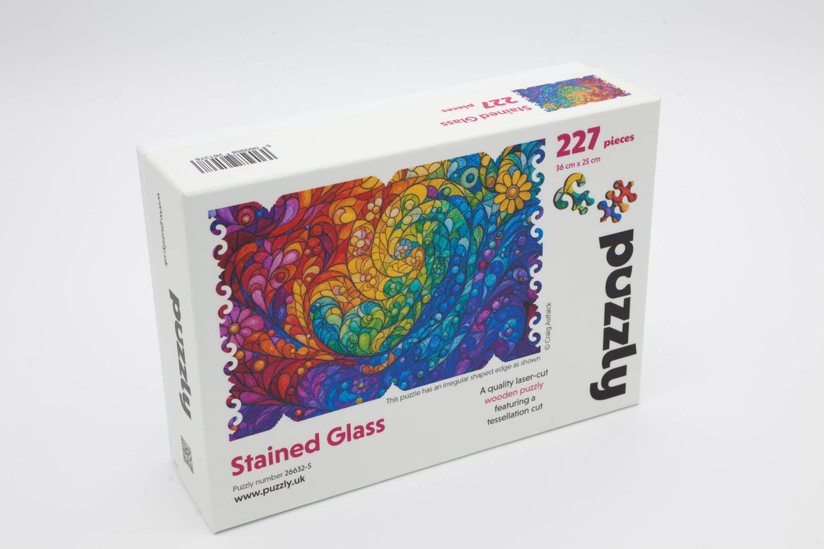 Stained Glass Wooden Jigsaw Puzzle with a tessellation cut that is fun to complete.  Made in Britain by The Puzzly Company 