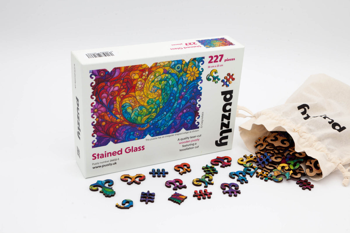 Stained Glass Wooden Jigsaw Puzzle with a tessellation cut that is fun to complete.  Made in Britain by The Puzzly Company 
