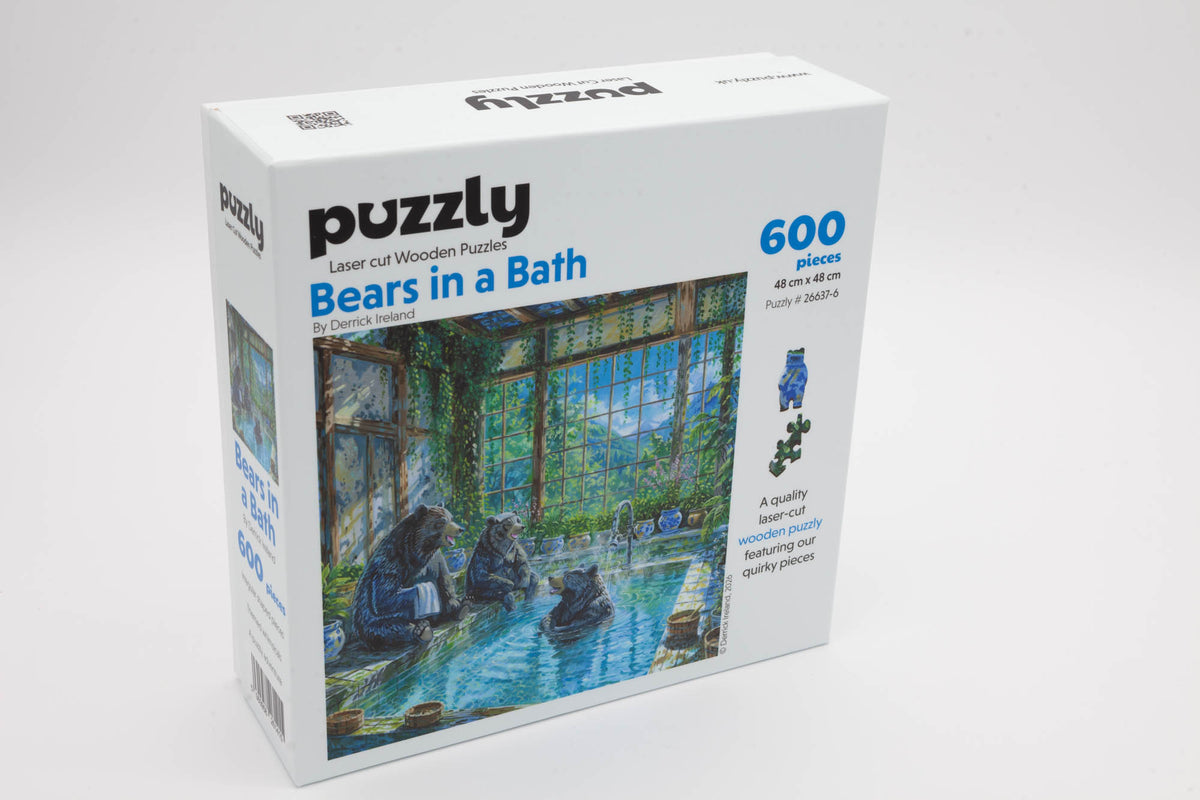 Bears in a Bath wooden jigsaw puzzle.  Artwork by Derrick Ireland.  600 pieces containing both irregular and whimsical pieces.  Made in Britain by The Puzzly Company.