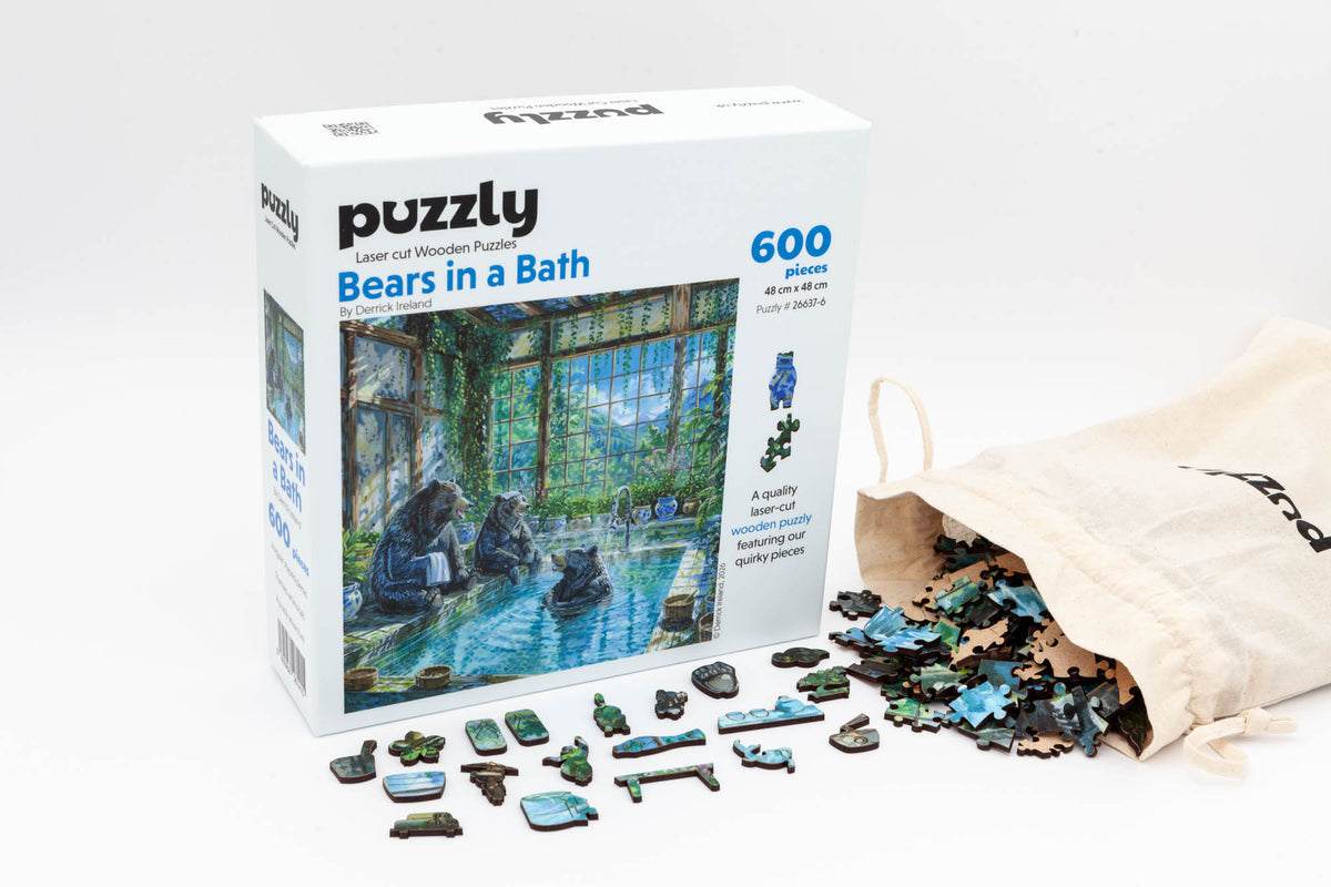 Bears in a Bath wooden jigsaw puzzle.  Artwork by Derrick Ireland.  600 pieces containing both irregular and whimsical pieces.  Made in Britain by The Puzzly Company.