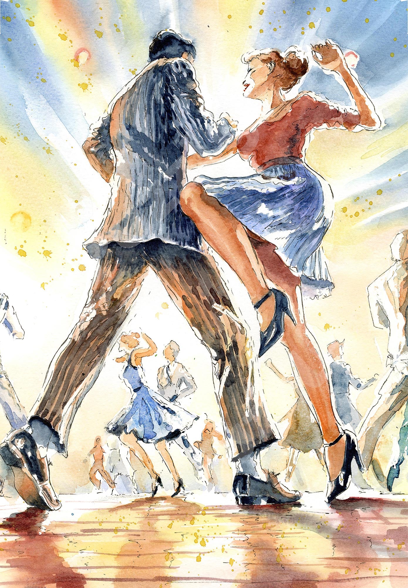 Mashed Potato wooden jigsaw puzzle by June Lloyd.  Full of jive dancing, music making and other fun character pieces.  Made in Britain by The Puzzly Company