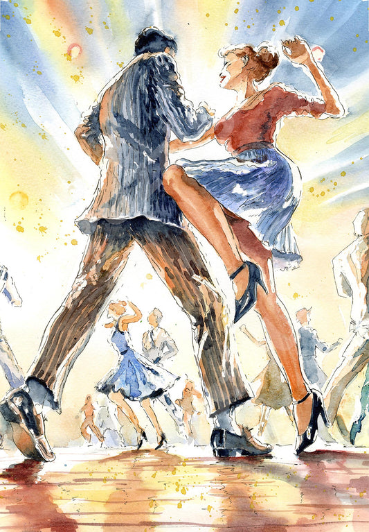Mashed Potato wooden jigsaw puzzle by June Lloyd.  Full of jive dancing, music making and other fun character pieces.  Made in Britain by The Puzzly Company