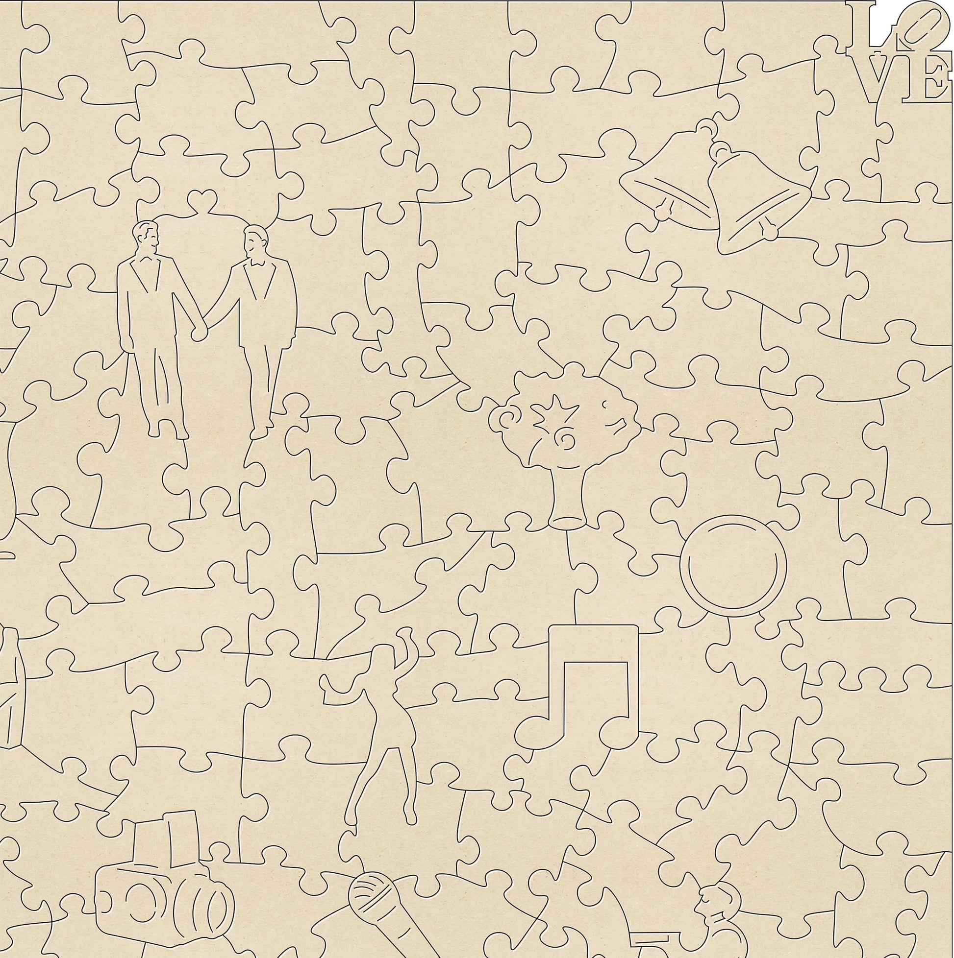 Mr and Mr Wooden Jigsaw puzzle.  A great gift for the groom and groom.  A puzzle full of gay wedding themed jigsaw pieces.  Made in Britain by The Puzzly Company.